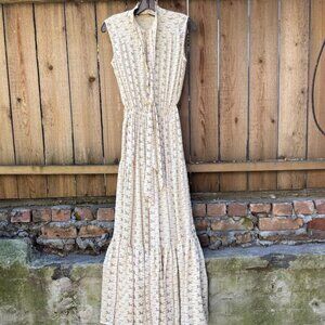 Polo Ralph Lauren Cream Horse Print Silk Tie-Neck Maxi Dress XS